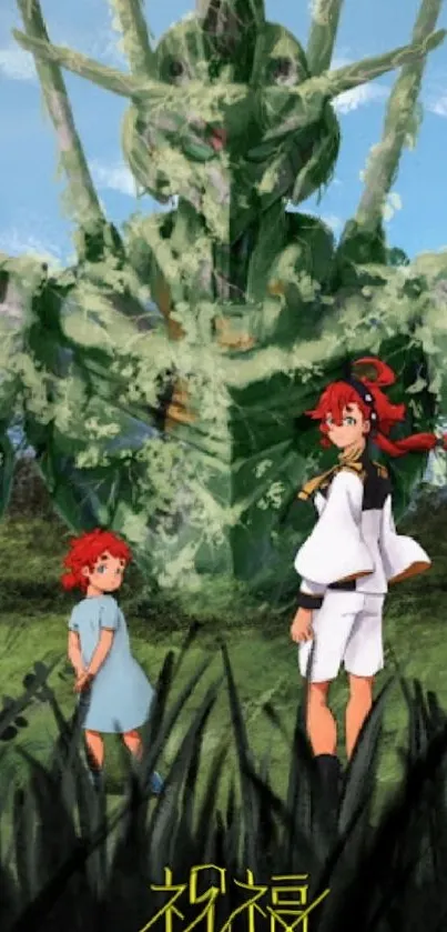 Anime scene with two characters and a robot in a green landscape.