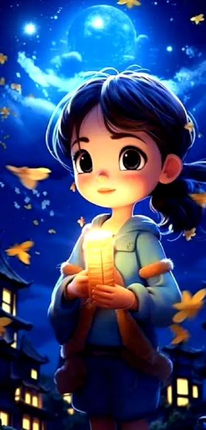 Anime girl with lantern under a starry sky and butterflies.