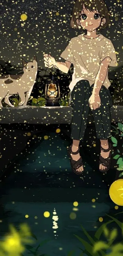 Anime girl and cat near lantern by stream at night.