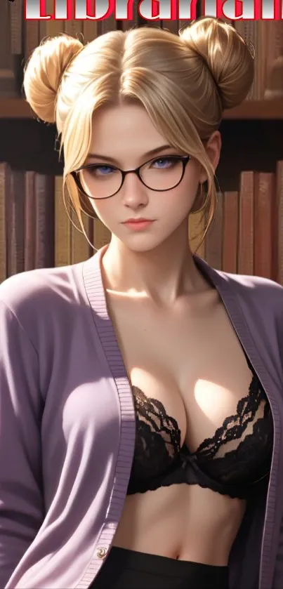Anime librarian with glasses and cardigan