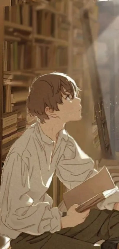 Anime character reading in a sunlit library.