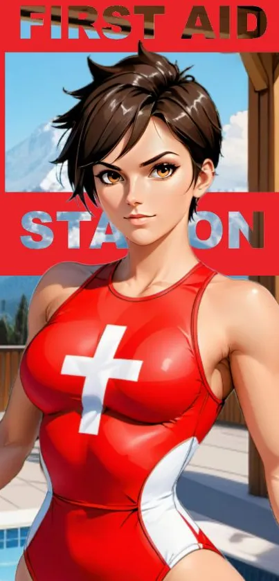 Anime lifeguard in red swimsuit at first aid station.