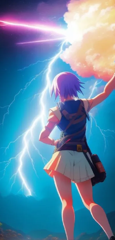 Anime character conjures lightning in vibrant landscape.