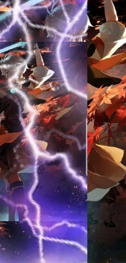 Anime wallpaper with lightning and autumn leaves, vibrant and dynamic design.