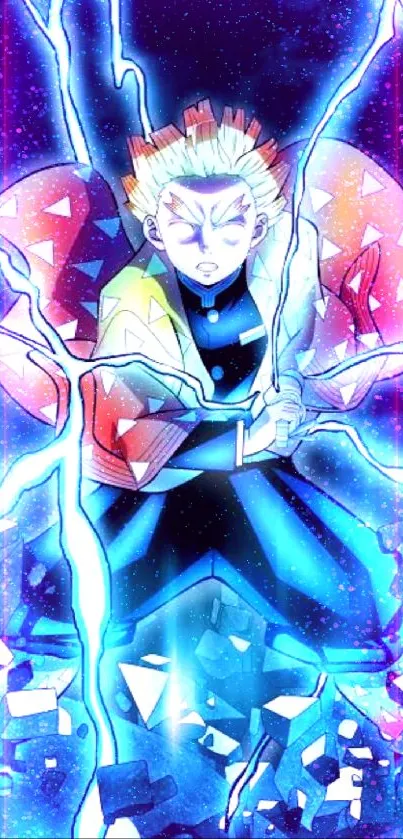 Anime character with electric blue lightning in a powerful stance.