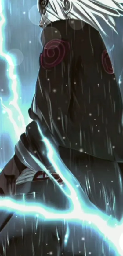 Anime warrior illuminated by lightning in a stormy night setting.