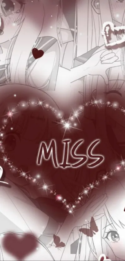 Anime wallpaper with burgundy heart and 'MISS' text.