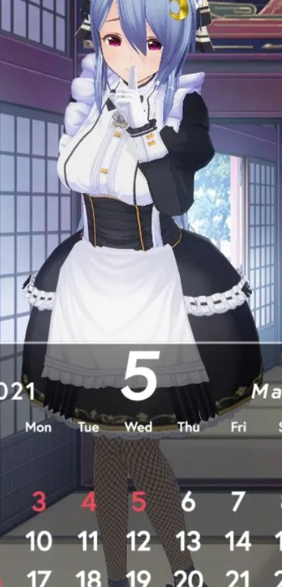 Anime maid calendar for May 2021 set in a Japanese room.