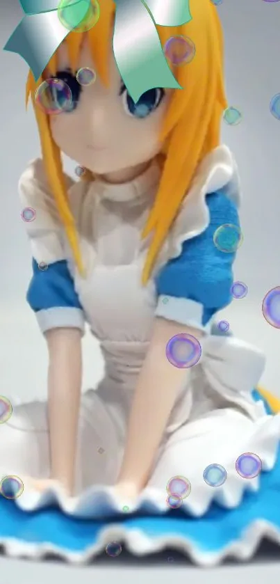 Anime maid character with bubbles in a vibrant wallpaper design.