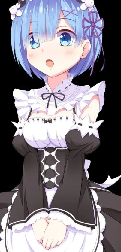 Anime maid with blue hair, wearing a black and white outfit.