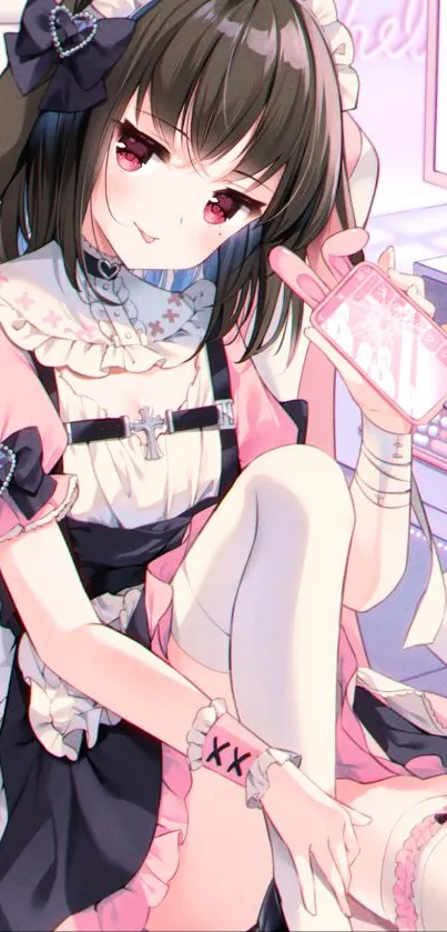 Anime maid holding a smartphone in a pink-themed room.