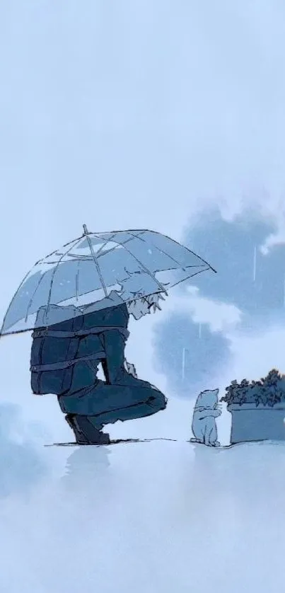 Anime man crouching with an umbrella and a cat nearby in the rain.