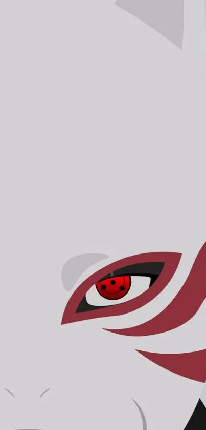 Anime with mask and bold red eyes design on gray background.