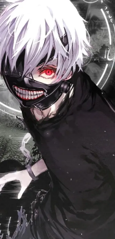 Masked anime character with red eyes, white hair on dark background.