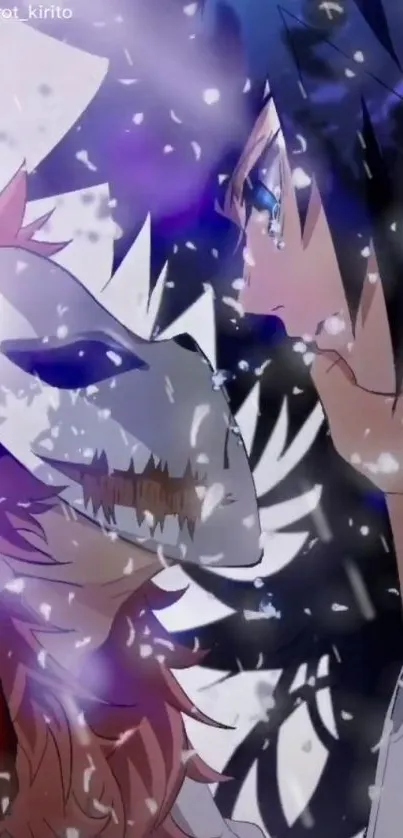 Anime scene with mysterious masked characters, purple tones, and snow elements.