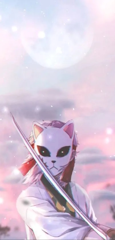 Anime wallpaper with masked warrior and pastel pink sky.