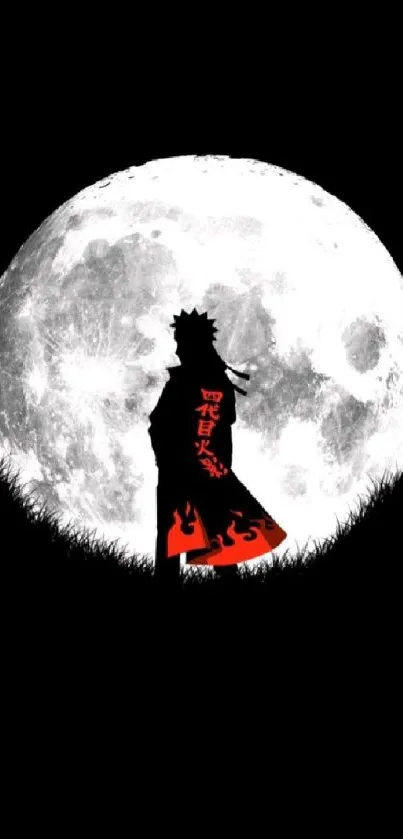 Anime silhouette with moon background wallpaper, phone screen art.