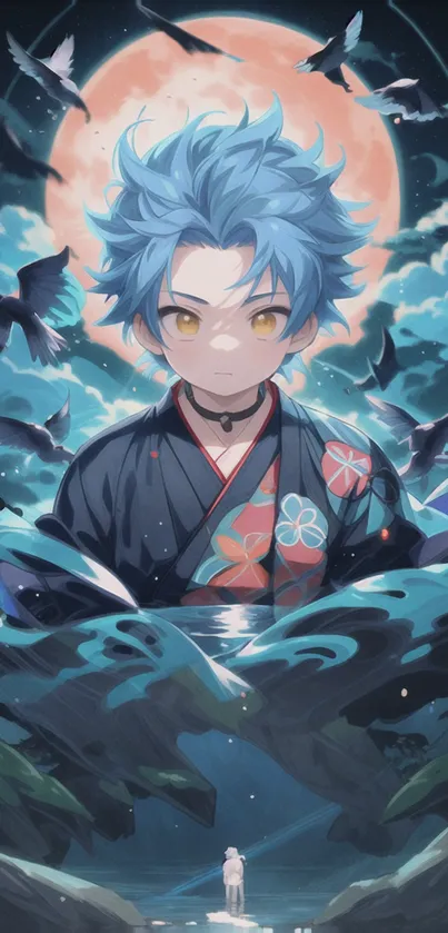 Anime character with blue hair under a full moon with birds.