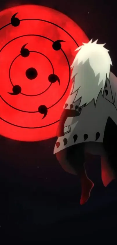 Anime character with glowing red moon backdrop.