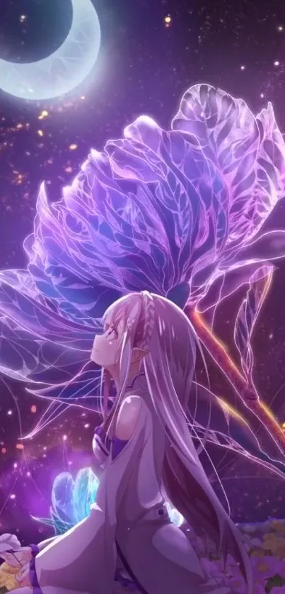 Anime girl stares at moonlit sky with glowing purple flower backdrop.