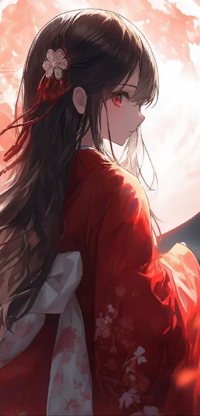 Anime girl in red kimono under moonlight.