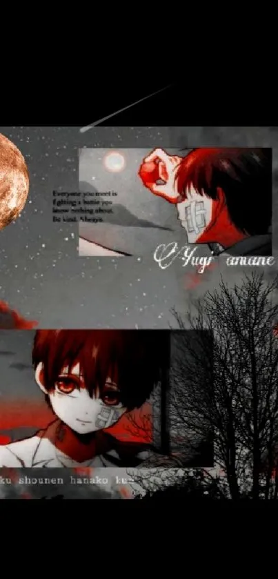 Anime wallpaper with red moonlit night and dark tones.