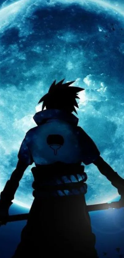 Anime warrior silhouette against a glowing blue moon.