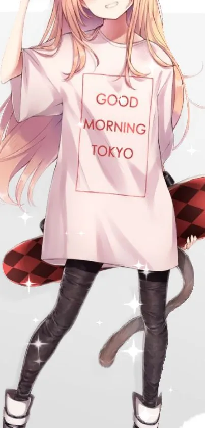 Anime character with a 'Good Morning Tokyo' shirt in soft pink tones.