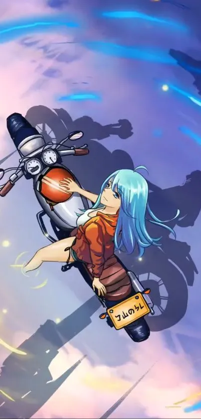 Anime girl with blue hair on motorcycle, dynamic background.