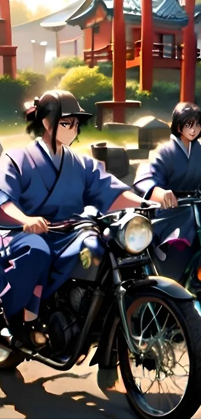 Anime characters riding motorcycles near a traditional Japanese temple.