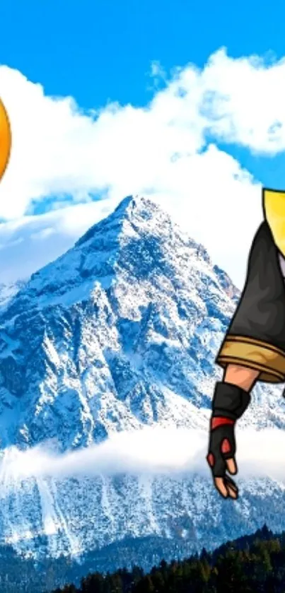 Anime character and emoji with mountain background wallpaper.