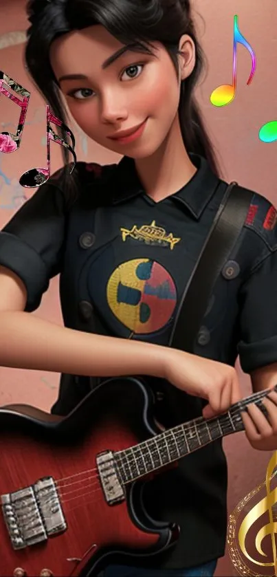 Anime girl holding a guitar with colorful musical notes.