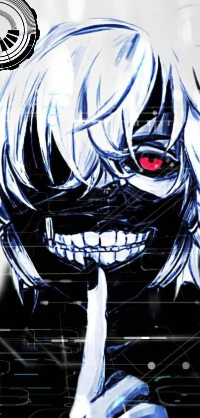 Anime character with white hair and red eyes in dark themed wallpaper.