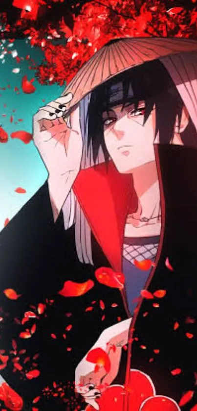 Anime character with red blossoms background.