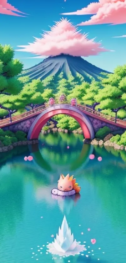 Anime nature scene with lake, bridge, and mountain view.