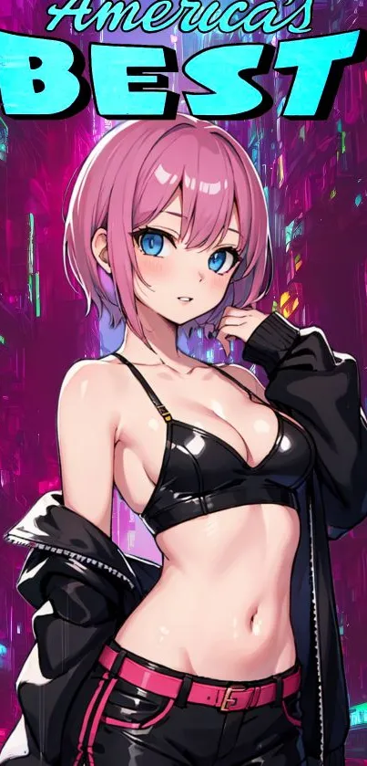 Anime girl in neon cityscape with vibrant colors and intricate design.