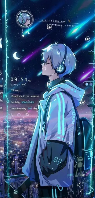 Anime wallpaper of a neon city and futuristic character.