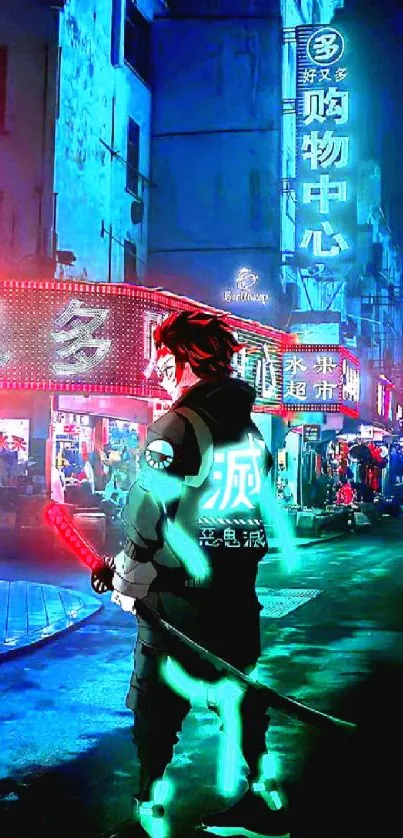 Anime character in neon-lit cityscape with vibrant glowing signs.