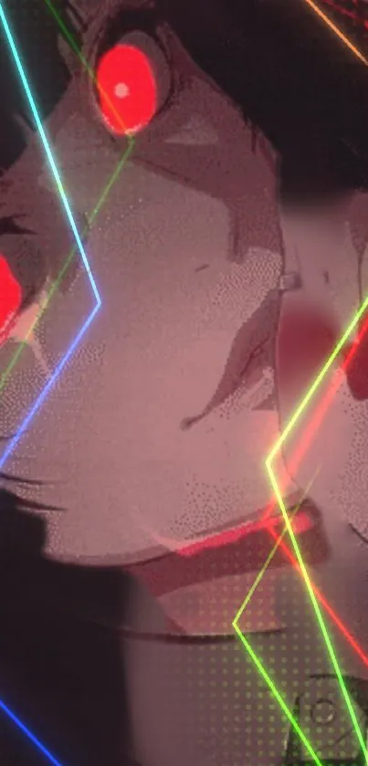 Anime character with neon laser eyes and intense red accents.