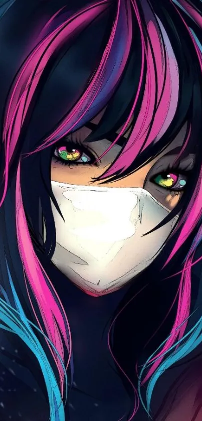 Anime character with neon hair and mask, vibrant colors.