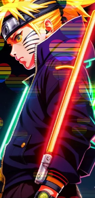 Anime warrior in neon lights mobile wallpaper.