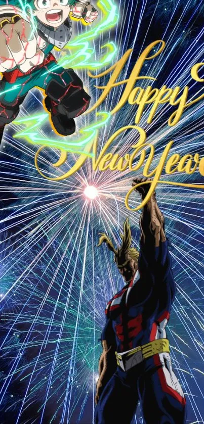 Anime characters with fireworks and Happy New Year text