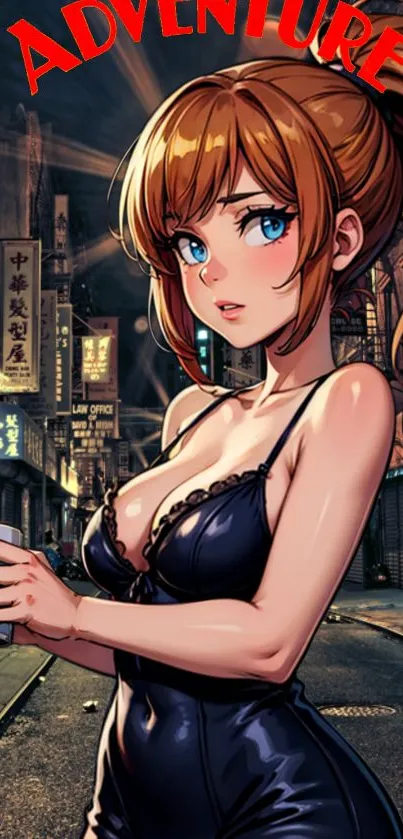 Anime girl in city night scene with adventure theme.