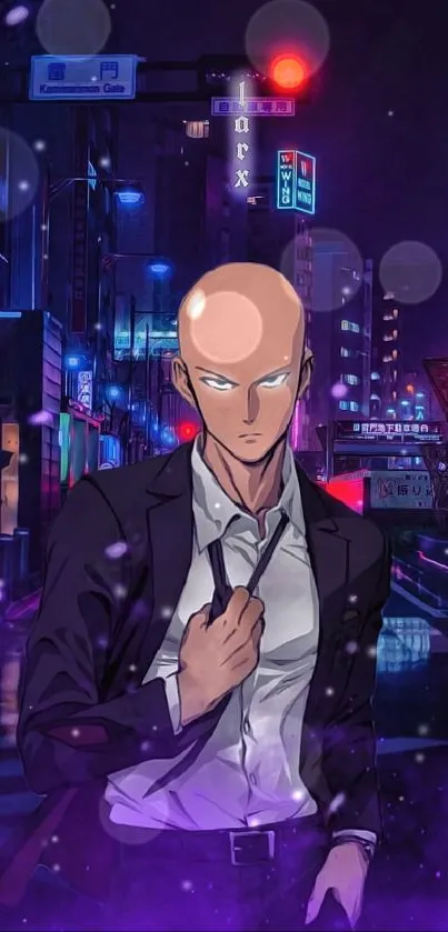 Anime character in suit under city lights.