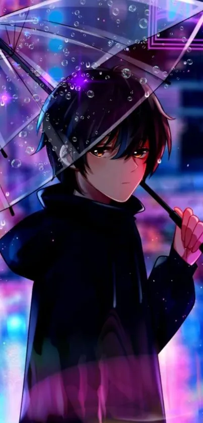 Anime character with umbrella in neon-lit city.
