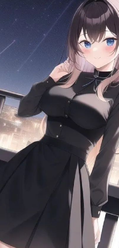 Anime girl with city skyline at night backdrop.