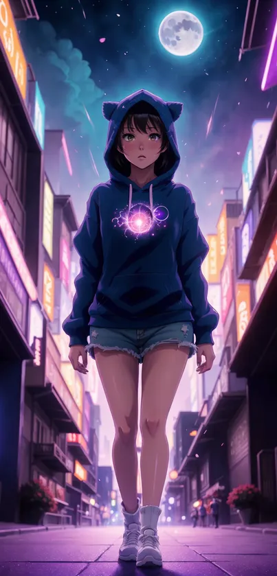 Anime girl in hoodie under night sky in vibrant cityscape.