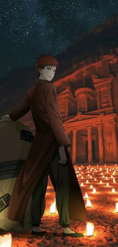 Anime character in a desert at night, surrounded by glowing candles.