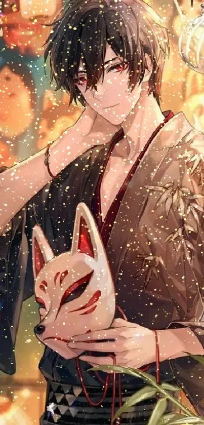 Anime character with fox mask in vibrant festival setting.