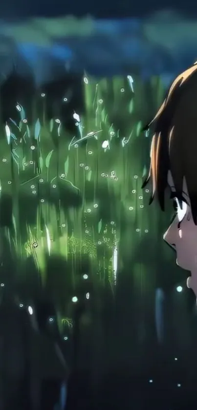 Anime night scene with grass and character in focus.